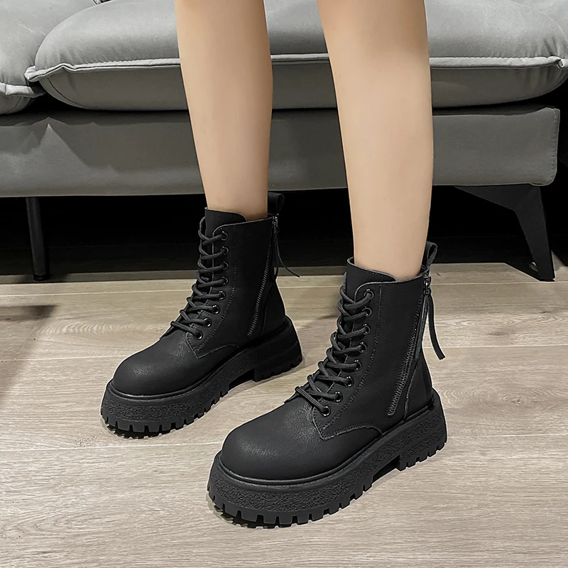 AIYUQI Ankle Boots Women Fur 2023 New Large Size British Style Boots Women Genuine Leather Platform Non Slip Booties Women