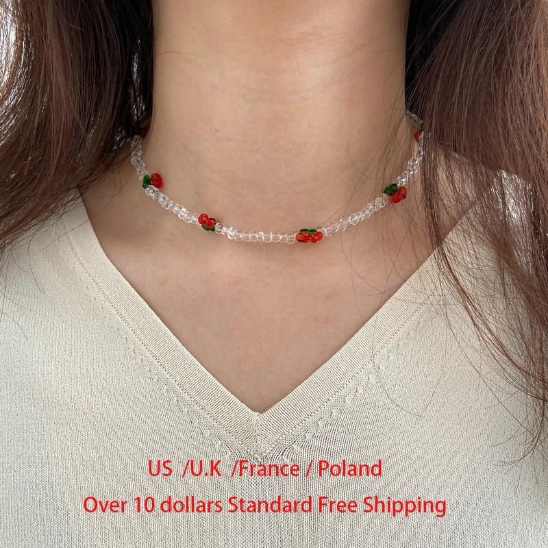 New Kpop Summer Sweet Cherry Choker Transparent Beads Women Charm Necklace Fruit Party Jewelry Gift