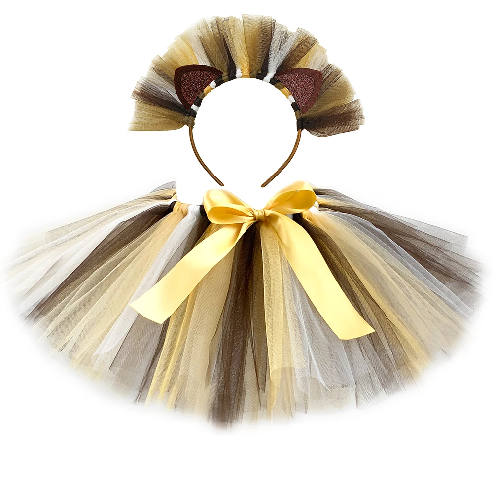 

1-12 Years Lion Tutu Skirt for Girls Borwn Zoo Animal Costume with Headband Kids Toddler Fluffy Dance Skirt School Performance