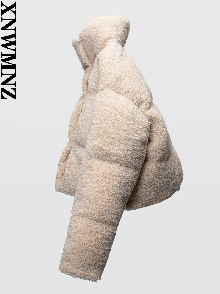 XNWMNZ Women Fashion High-quality Thick Warm Padded Faux Shearling Cropped Jacket High Neck Long Sleeve Zip Female Outwear Top