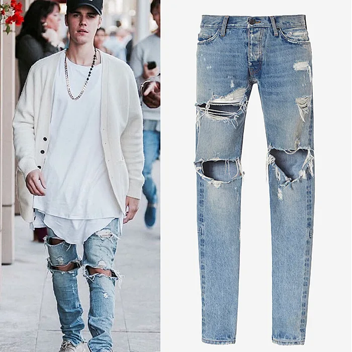 

high street style Kanye West Jeans Denim Pants Skinny Ripped Jeans For Men Male Swag Hole Biker men skinny jeans