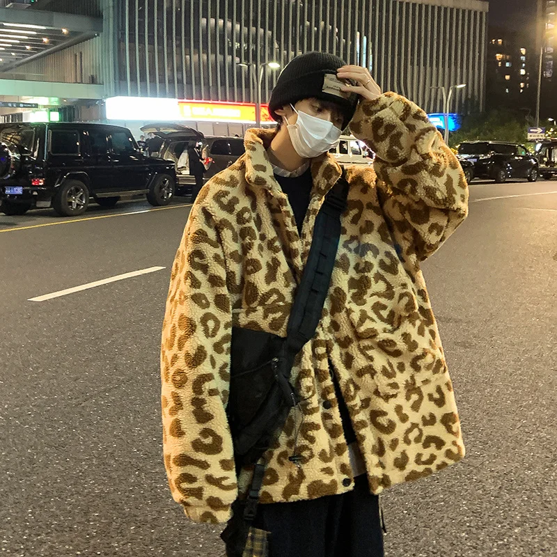 Winter Jacket Men Warm Fashion Retro Thickened Leopard Jackets Men Streetwear Loose Short Coat Mens Thick Lamb Wool Coat M-2XL