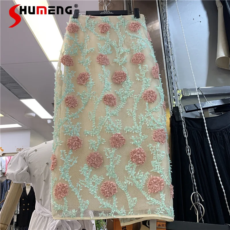 

Women's One-Step Skirt Summer New Sweet Faldas Elegant 3D Flower Embroidered Western Style Mesh Sheath Mid-length Skirt