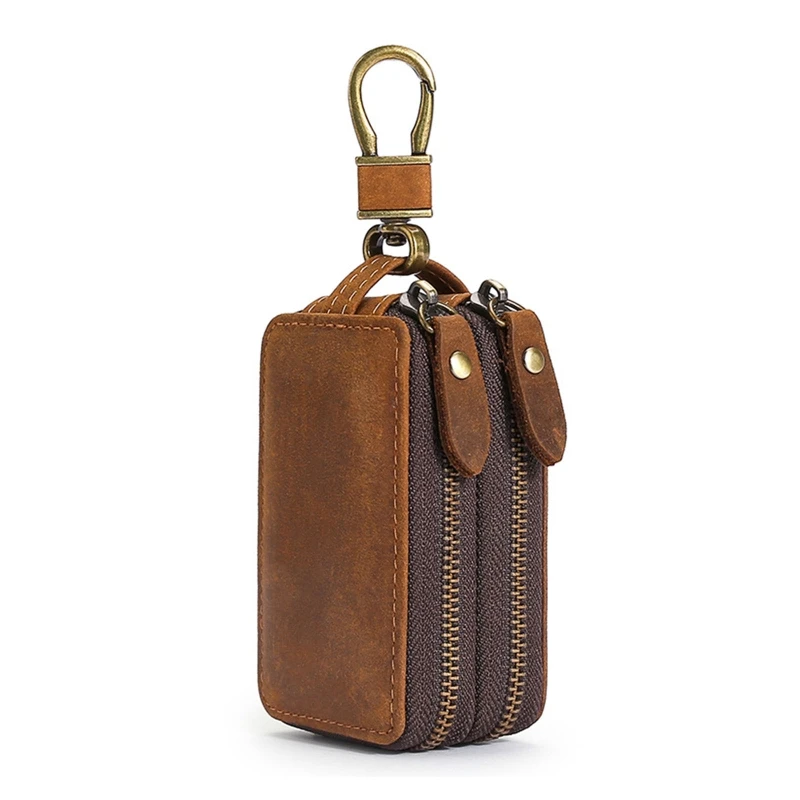 

Portable Vintage Leather Holder Car Key Purse Bag Double Pocket Zipper Case Keychain Wallet Organizer