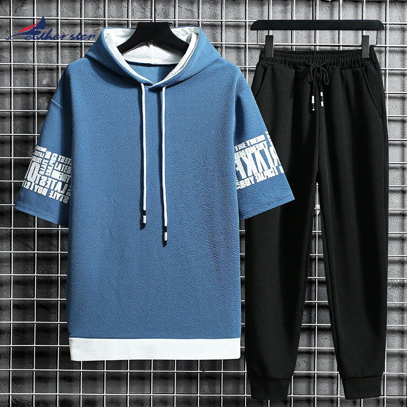 Summer New Mens T-shirt Set Hip Hop Fashion Tracksuit and Shorts Two Piece Set Men Patchwork Color Streetwear Outfit Set