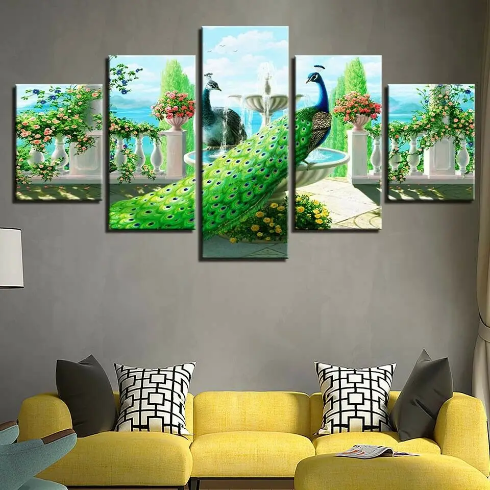 

Green Peacock Abstract art 5 Piece Canvas Print Wall Art Home Decor Cuadros 5 Panel HD Print Pictures Poster No Framed Paintings