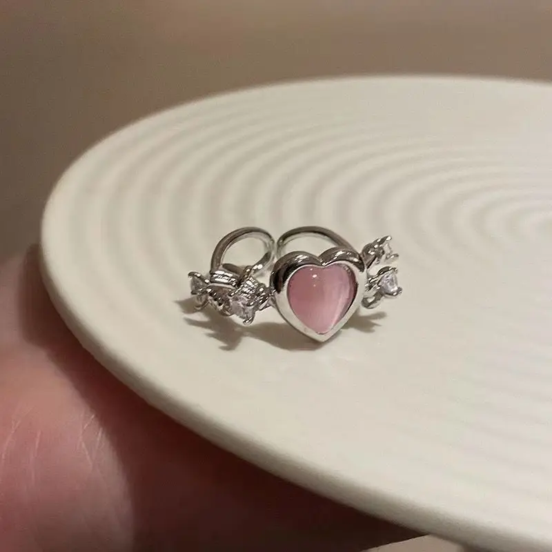 

Y2K Punk Heart Ring Cat Eye Opal Pink Heart Adjustable Women Niche Design Easy Match Rings Wedding Party Fashion Jewelry Gift