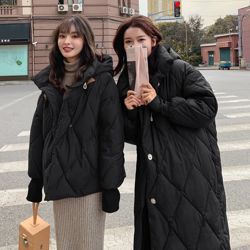 Women Casual Loose Short and Long Hooded Windproof Warm Cotton-Padded Thickening Jackets Winter Parkas Solid Coats Soft Outwear