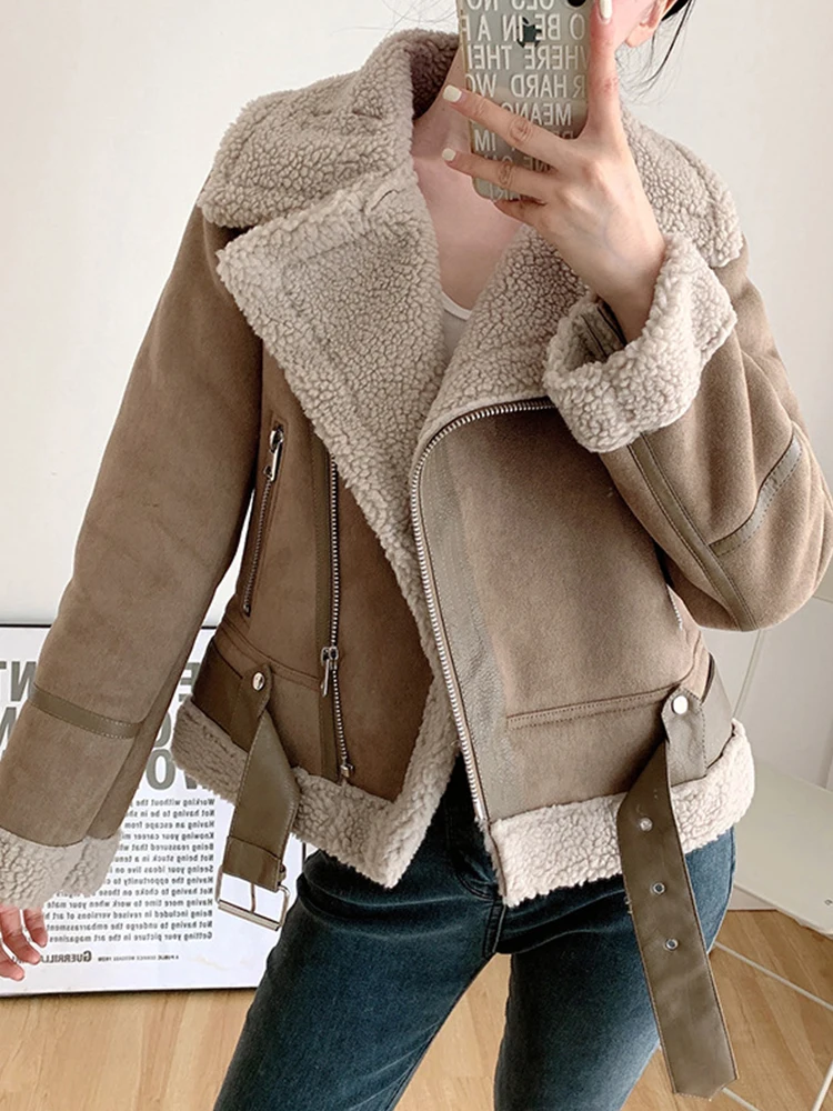 

Aoottii Autumn Winter Women Sheepskin Thick Warm Faux Suede Leather Jacket with Belt Streetwear Female Lamb Fur Coat Outwear