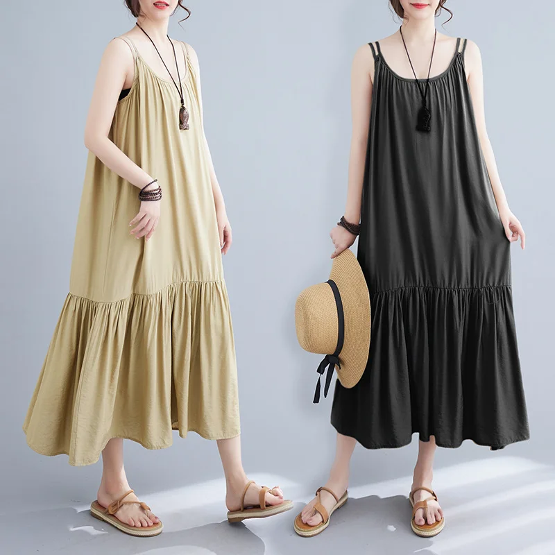 

2023 Summer New Suspender Dress Female Korean Medium Length Off-shoulder Holiday Casual Vintage Ruffle Loose Fashion Dresses