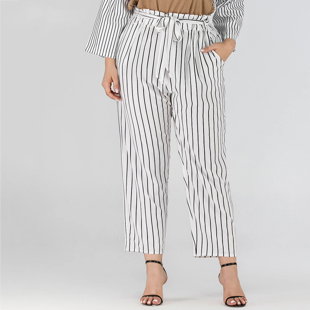 Plus Size Women's Clothing Fall Fashion Casual Black and White Striped Loose Ladies Pants with Belt L-4XL Oversized