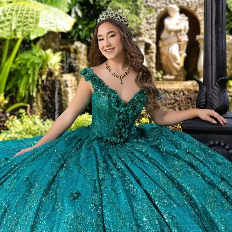 Изумрудно-зеленое платье Quinceanera бальное принцессы Sweet 16 с открытыми плечами