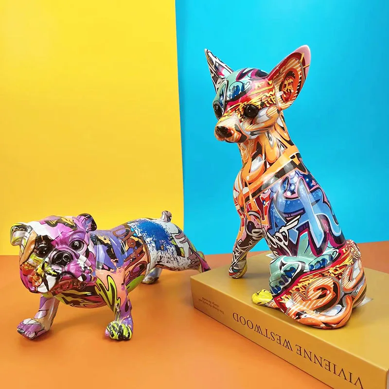 

Nordic Colorful Graffiti Sculpture Chihuahua Dog Modern Statue Painted Bulldog Office Living Room Decoration Creative Ornament