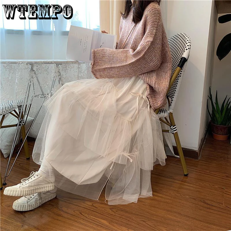

Женская эластичная юбка из тюля WTEMPO, повседневная Однотонная юбка из мягкой сетчатой ткани с высокой талией, на шнуровке, с бантом, весна-лето