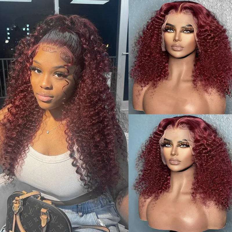 

Preplucked 26 Inches 180%Density Glueless Burgundy Kinky Curly Lace Front Wig With BabyHair Heat Temperature Daily
