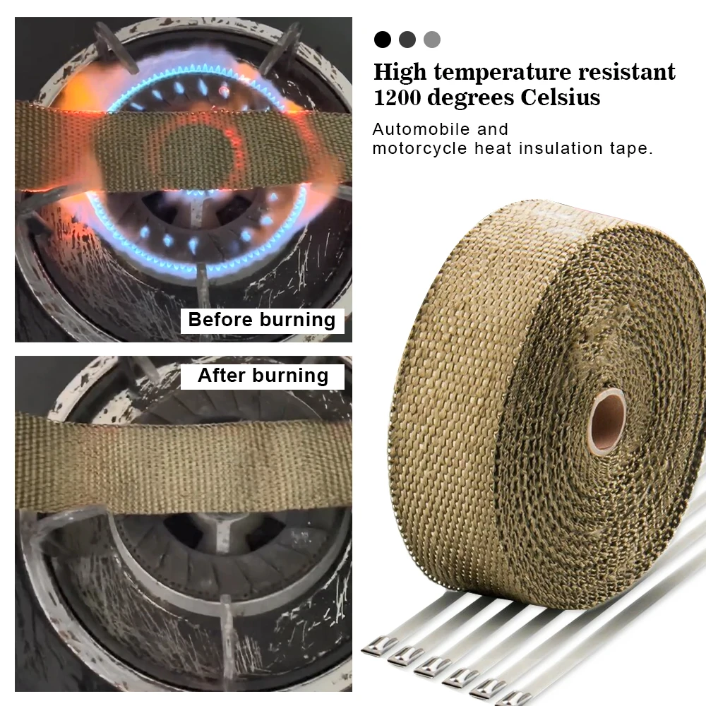 

High Quality 5-15M Titanium/Black Exhaust Heat Wrap Roll for Motorcycle Fiberglass Heat Shield Tape with Stainless Ties Dropship