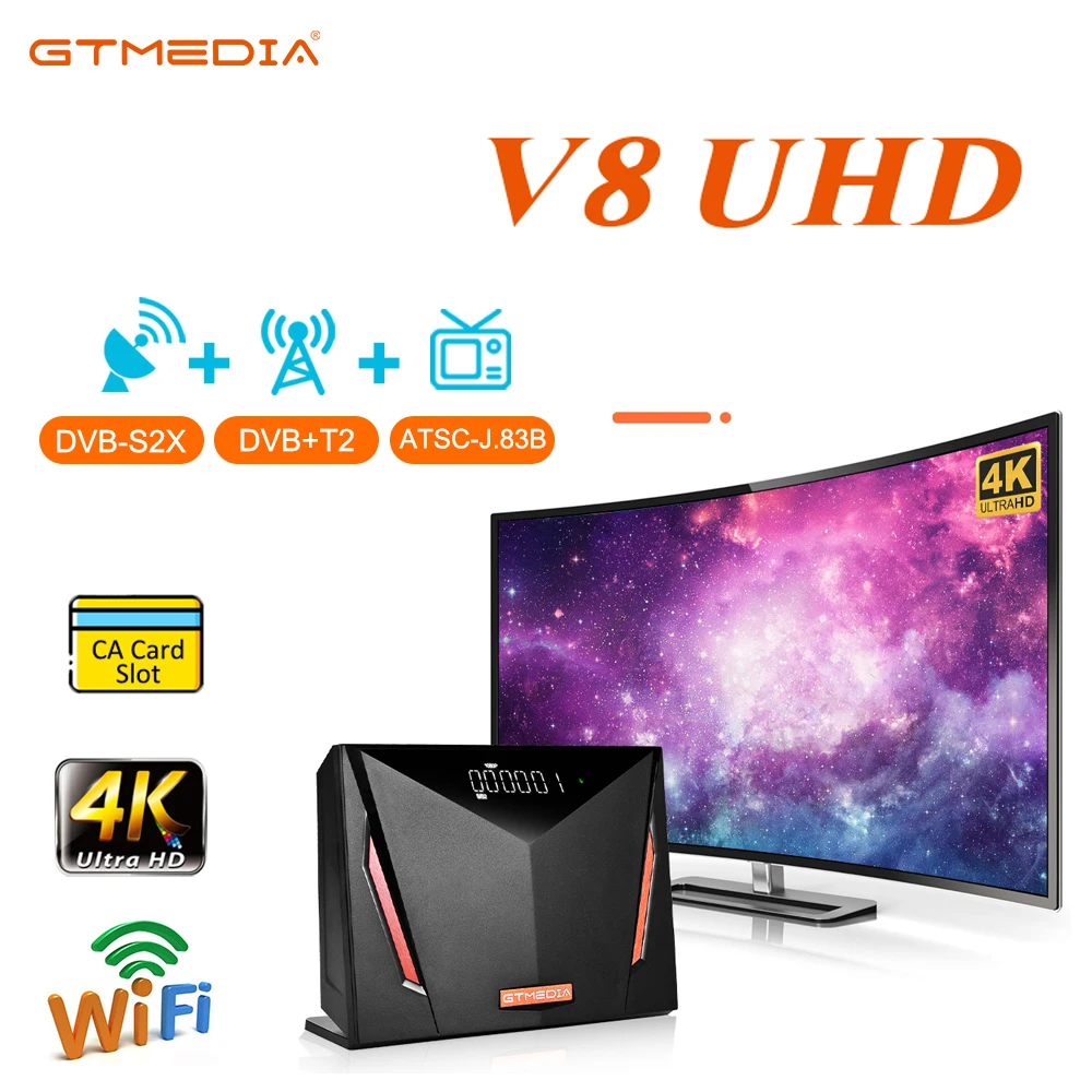 

GTMEDIA V8 UHD Satellite Receiver DVB-S/S2/S2X,DVB+T/T2/ISDB-T/Cable 4K HD Built-in 2.4G WIFI Support CCAM M3U CA Card Function