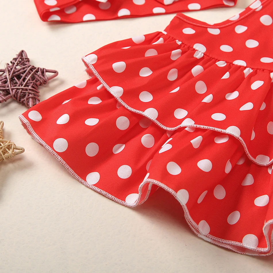 Summer Baby Girl Casual Clothes Toddler Polka Dot Cake Sling Top Denim Shorts Bow Headwear Kids Sleeveless Cosumes Sets 0-24m