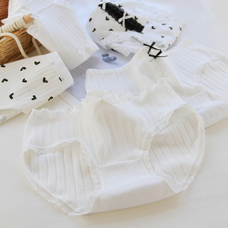 

Women's Lace Trim Underpants Bow Knot Threaded Cotton Shorts Underpants Kawaii Mid Waist Briefs Intimates Women Lingerie