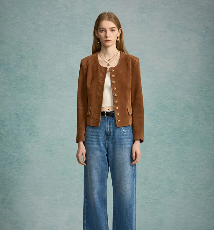 2023 New Genuine Sheepskin Reverse Fleece Round Neck Metal Leather Jacket E22