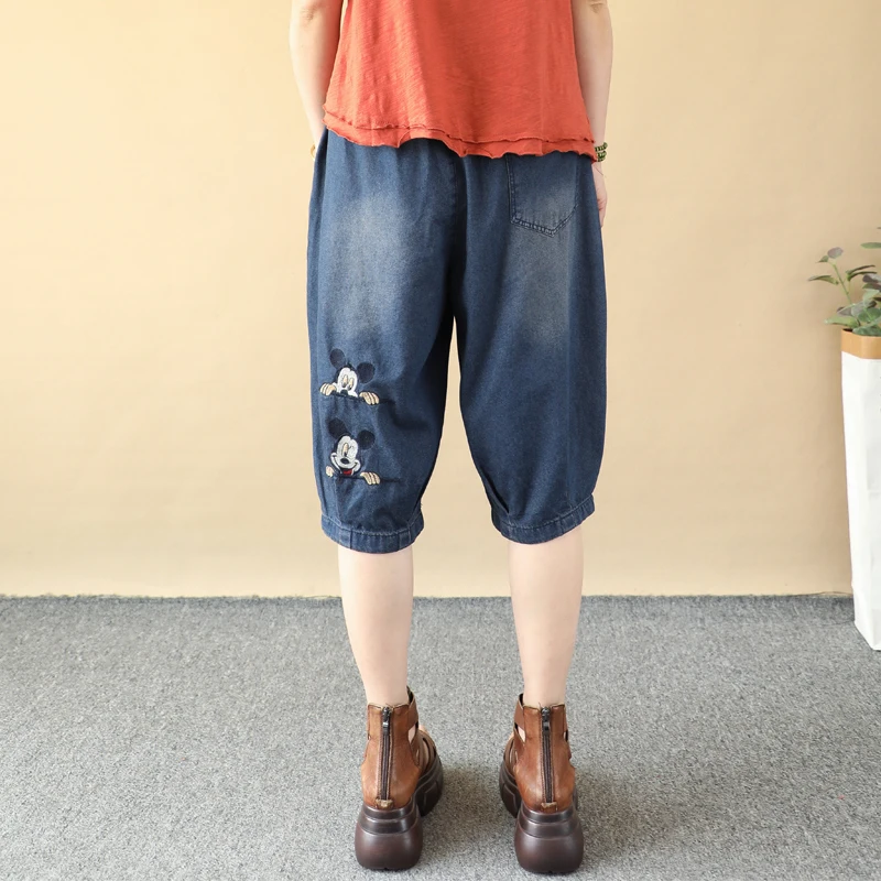 Summer Cartoon Patch Embroidered Denim Short Pants Women's Loose Oversized Frog Button Ankle-Tied Pants Lightweight Underpants