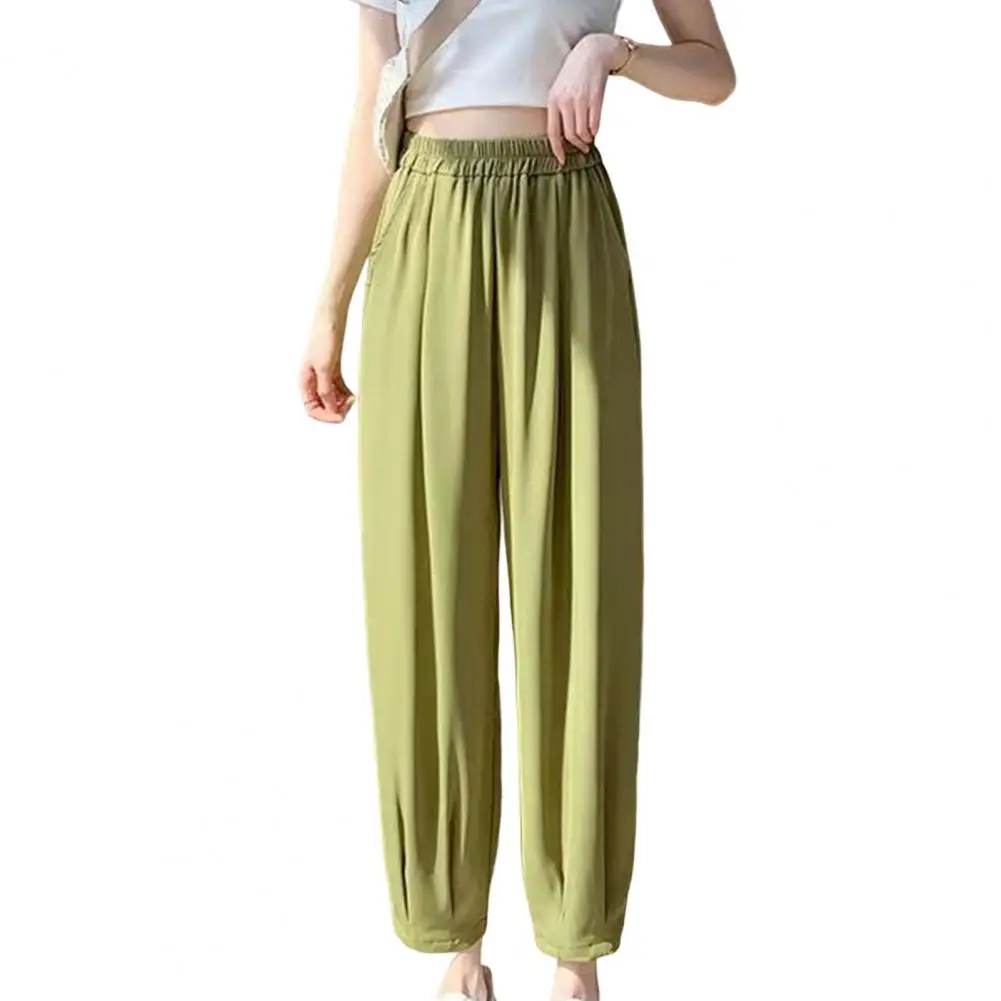 High Waist Elastic Waistband Women Pants Pockets Shrinkable Cuffs Summer Casual Ice Silk Harem Trousers Streetwear