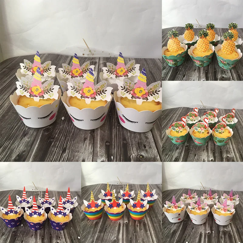 

24PCS Cupcake Edge Unicorn Rainforest Flamingo Cake Topper Dessert Table Insert DIY Wedding Birthday Christmas Decor Accessories