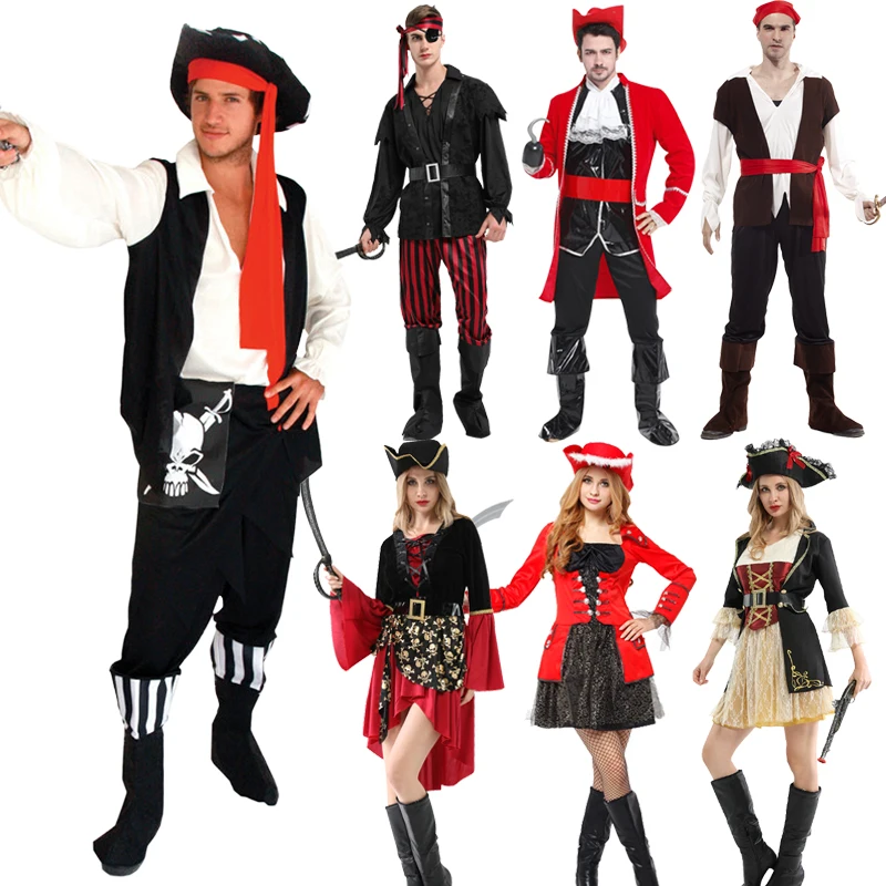 Disfraces de Halloween para hombre y mujer, disfraz de pirata, capitán Jack Sparrow, conjunto de Cosplay de Piratas del Caribe Sin Armas
