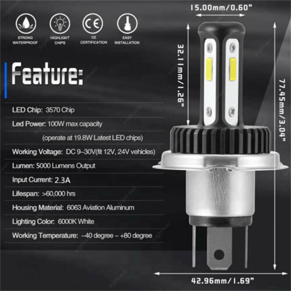 

2pcs H4 Car LED Headlight Globes Bulbs Lamp Kit High Low Beam White 6000K 100W Ice Bulbs Turbo Fog Light 12V