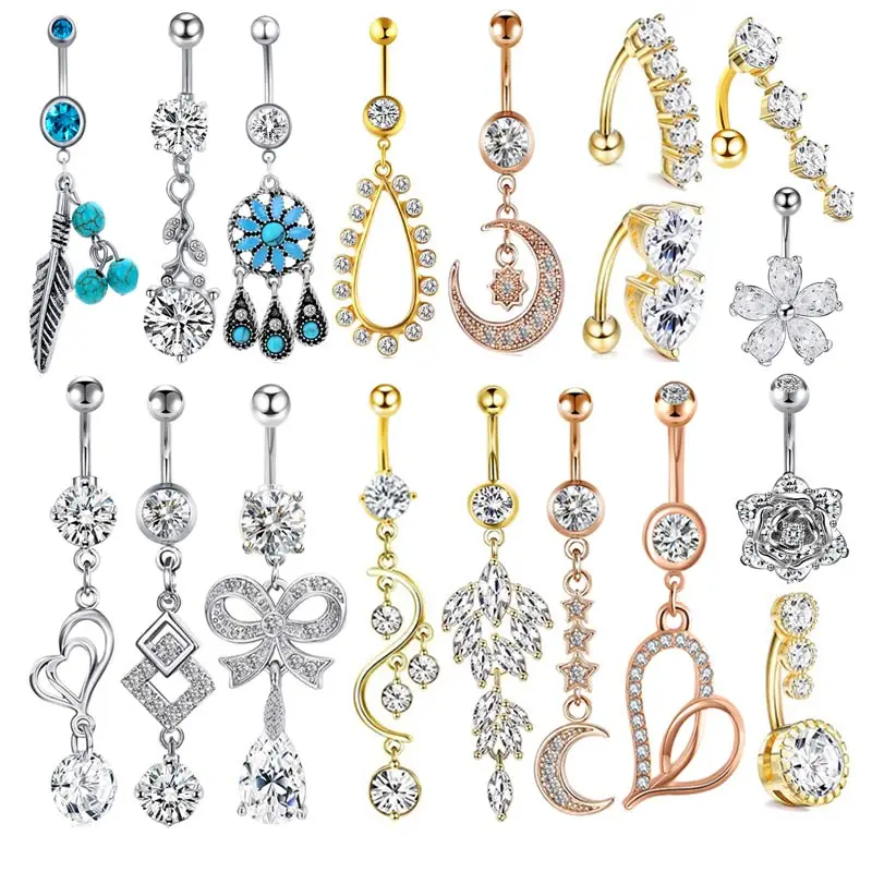 Длинные висячие кольца на пупок из хирургической стали, 14 г, кольцо-пирсинг для пупка, Кристалл CZ, пчела, цветок, кольцо для живота в виде сердца, украшения для ушей