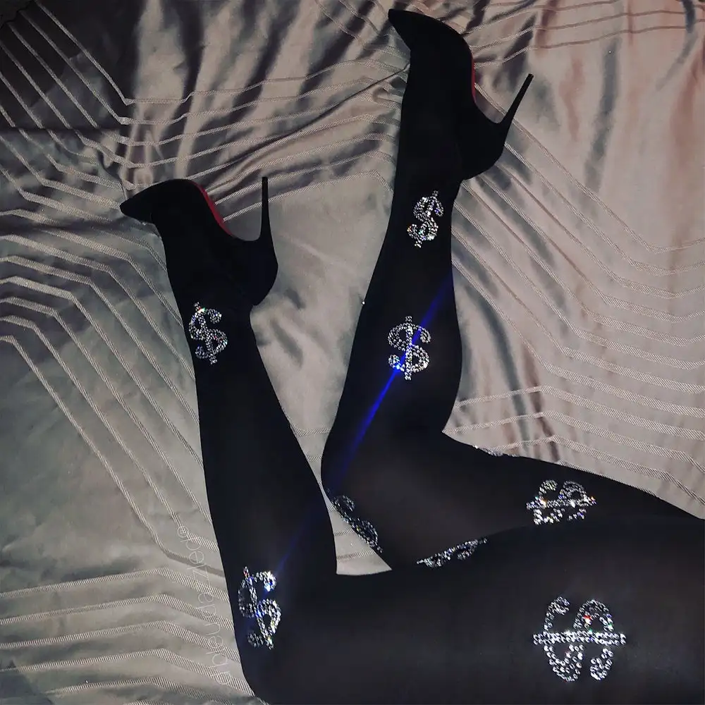 Dollar Stockings Sexy Woman Geometric Pattern Rhinestone Tights Rivet Winter Solid Shiny Letters Pantyhose Women's Plus Size