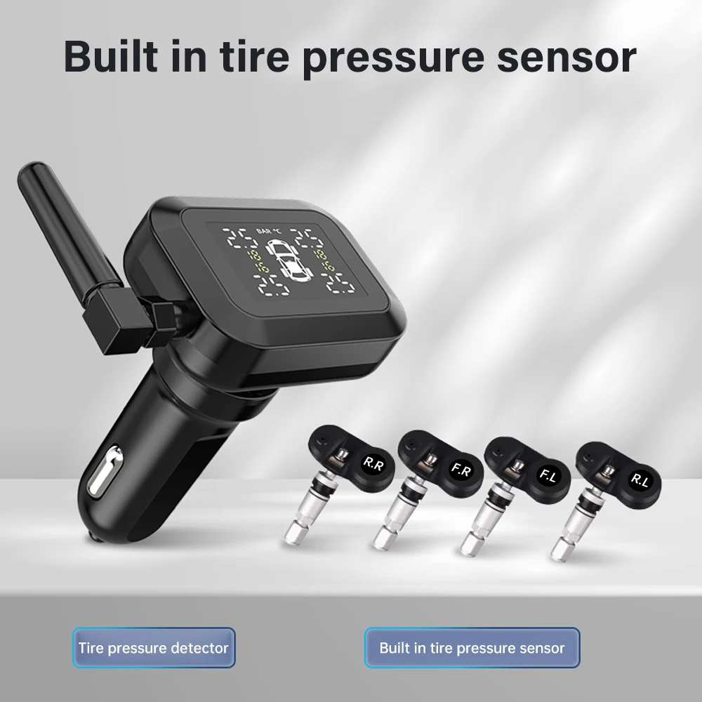 

Беспроводной автомобильный прикуриватель TPMS, система сигнализации давления в шинах, цветной экран, 4, внешний внутренний датчик, зарядка через USB