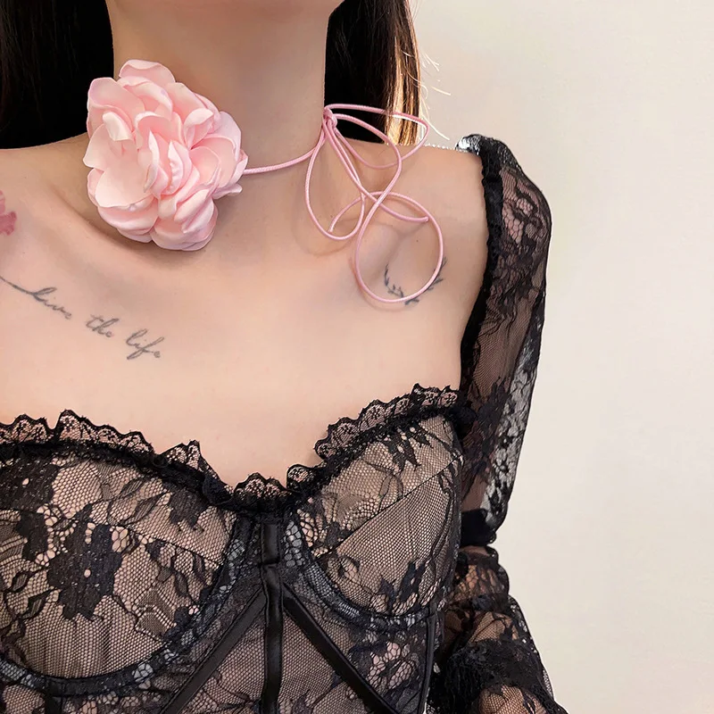 

Retro French Pink Multi-color Oversized Flower Tie Neck Thin Strap Necklace Personality Sexy Cute Girl Ladies Accessories Gift