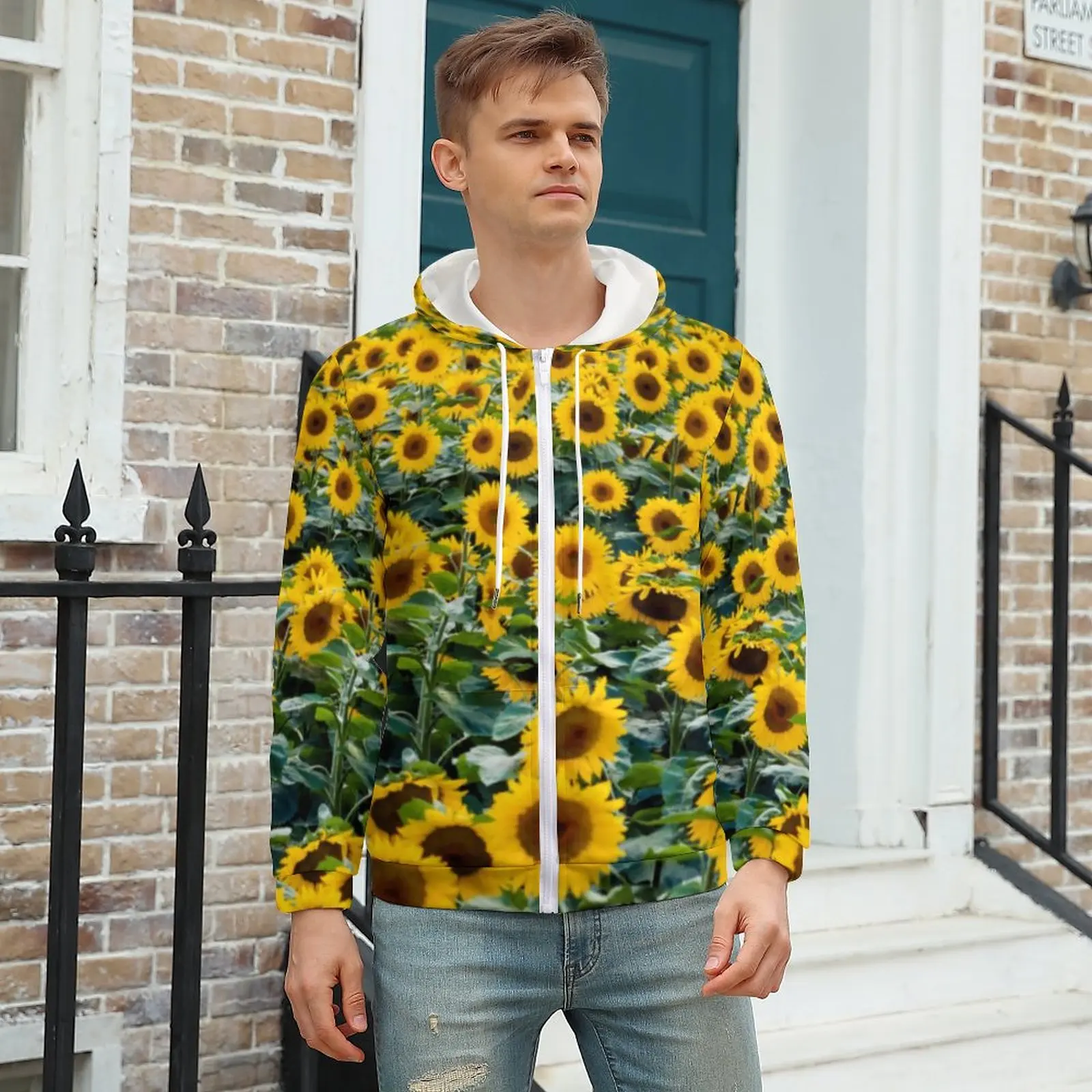 

Field of Sunflower Hoodie Yellow Flowers Print Autumn Hoodies Loose Men Zip Up Hoodie Men Oversize