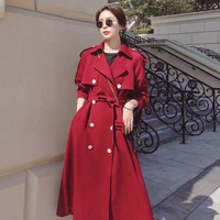 kchy wine red trench coat women england style double breasted mid length over the knee black coat 2022 spring autumn top