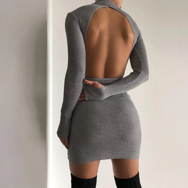 

Женское облегающее мини-платье в европейском стиле с высоким воротом и длинным рукавом, сексуальные вечерние платья с открытой спиной на ос...