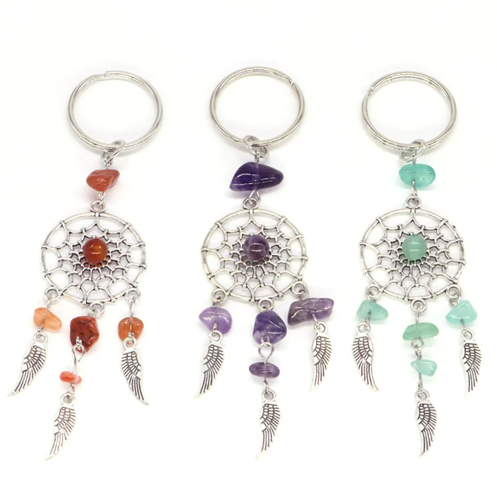 

Bohemian Dreamcatcher Keychain Metal Feather Pendulum Keyring Natural Crystal Gravel Chips Stone Bead Pendant Handbag Luck Gifts