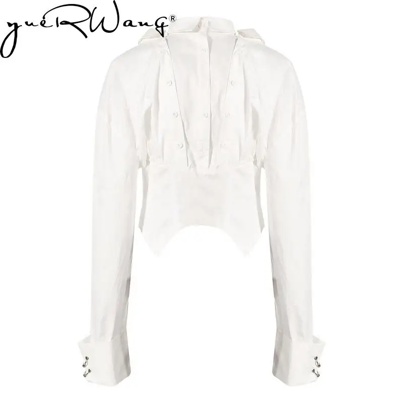 

GetSpring Women Blouse Long Sleeve Fishbone Design Ladies Black White Shirt Fashion High Waist Irregular Solid Female Tops 2022