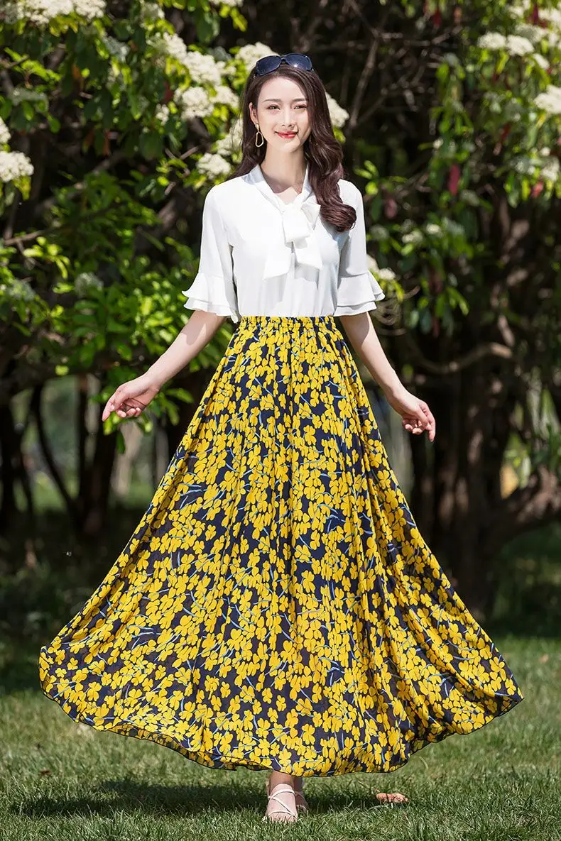 Женская длинная юбка с цветочным принтом шифоновая элегантная трапециевидная