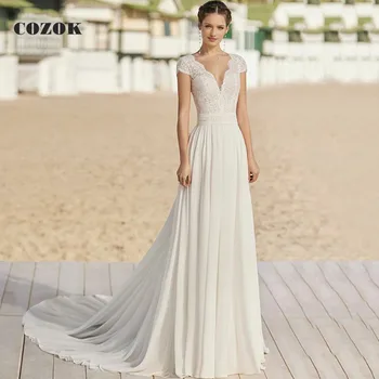 Beach V Neck Short Sleeves Wedding Dress 2023 Lace Buttons Back Elegant Chiffon Bridal Gown Robe De Mariee Custom Size DC0304