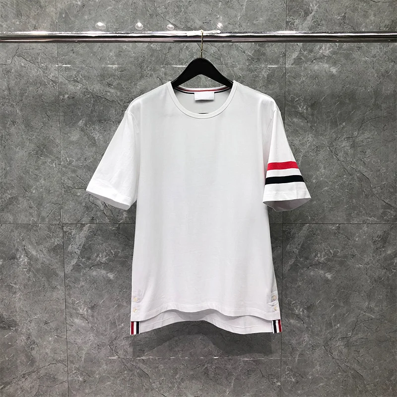 TB THOM T-shirts Summer New Arrival White Pure Cotton Red Blue Stripes O-neck Solid Top Women Korean Style Casual Sport T Shirt