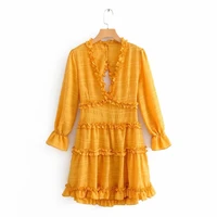 yellow dress sexy v neck backless flared long sleeved fungus skirt sexy dresses party night club dress