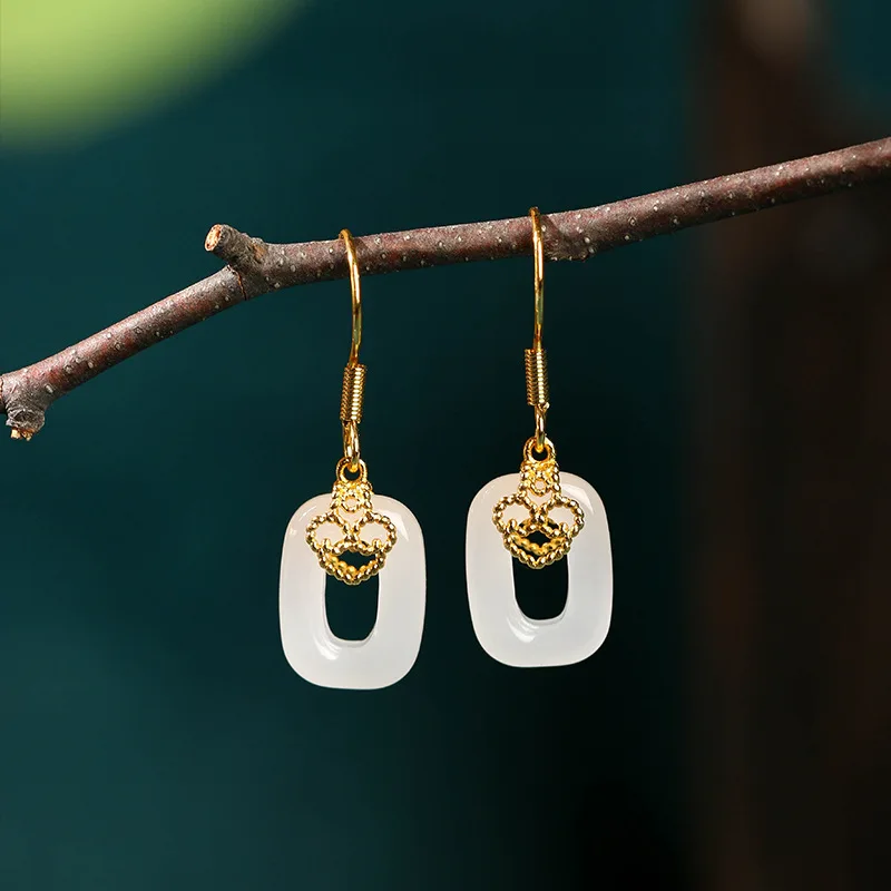 

Ethnic Style Jewelry Chinese Style Ancient Method Gilded Ruyi Safety Buckle Imitation Jade Earrings Earrings Earrings for Women