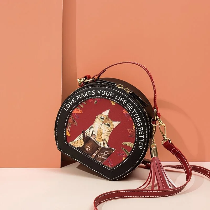 MBTI Cute Cat Lolita Womens Shoulder Bag Funny Print Circular Designer Student Handbag Pu Leather Lovely Ins Fashion Female Bag