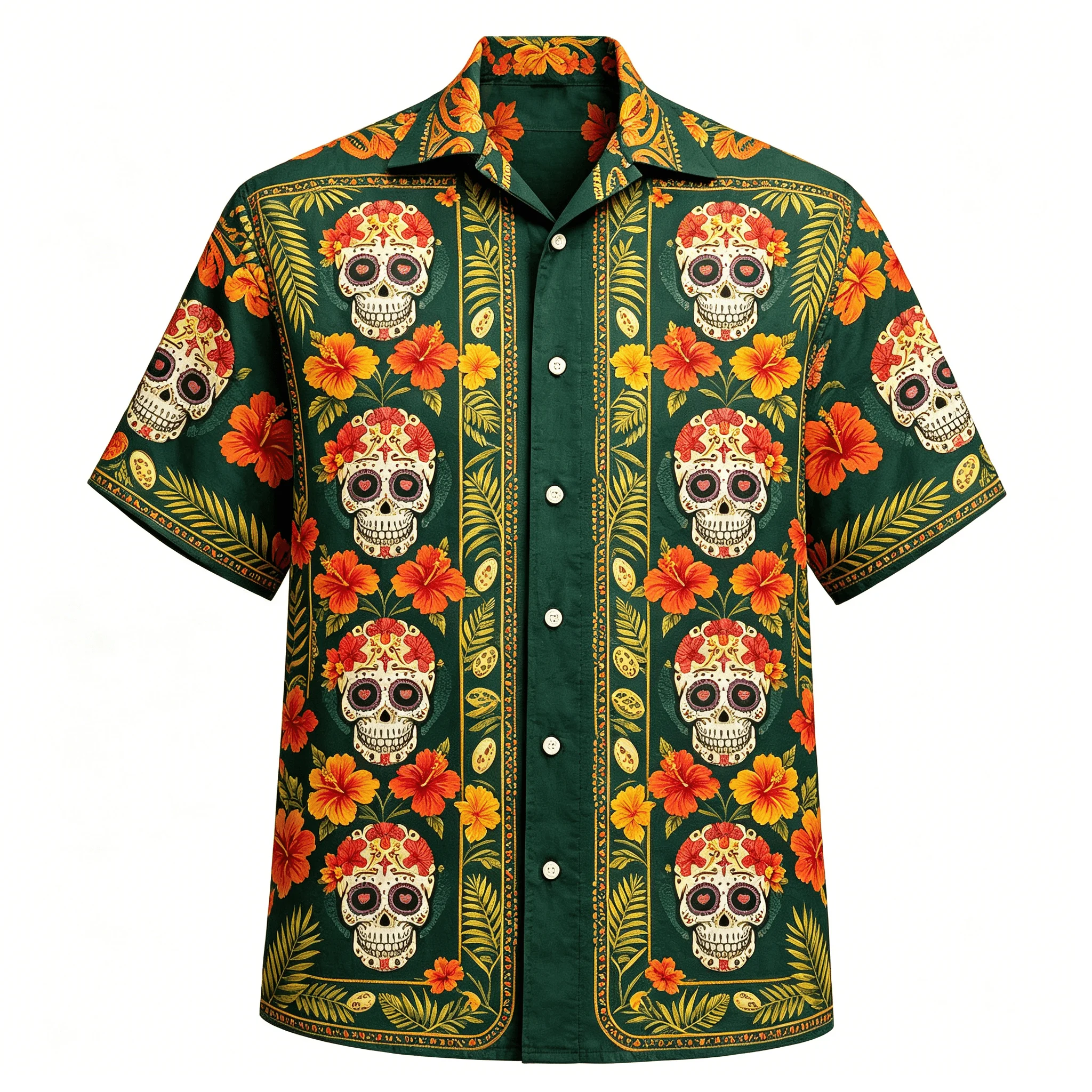 Фото Мужская гавайская рубашка с принтом Sugar Skull, цветочный принт с гибискусом, повседневная летняя пляжная рубашка на пуговицах №1
