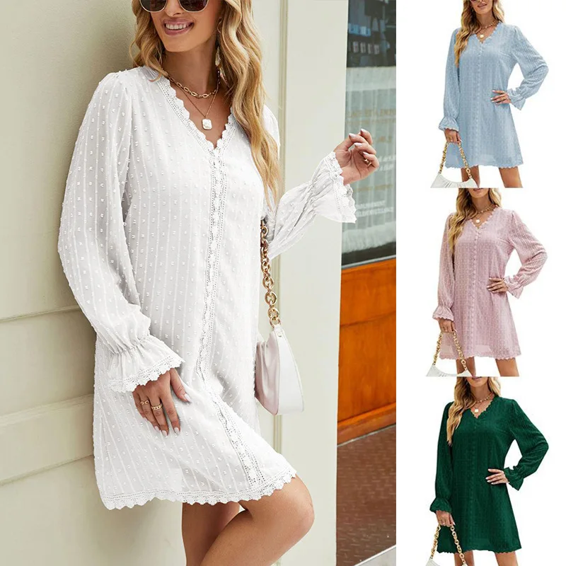 

Europe and The French Dress Fall V-neck Leisure Long-sleeved Straight Bud Silk Chiffon Dress