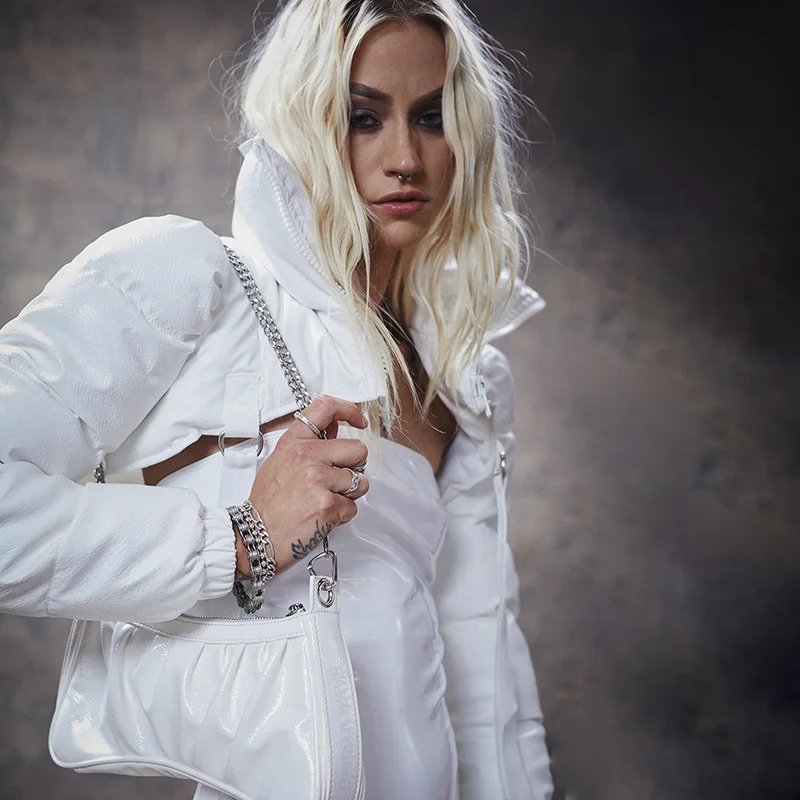 Solid Color Zipper Turtleneck Halter Waist Buckle Belt Cropped Coat 2022 Puffer Jacket Women Winter Jackets Cropped Parka White