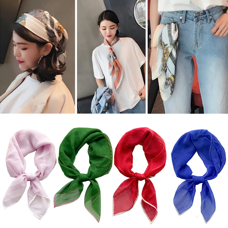 

70cm Thin Small Square Scarf Solid Color Hair Neck Scarves Plain Neckerchief Headband Soft Office Bandana Sunscreen Shawl Hijab