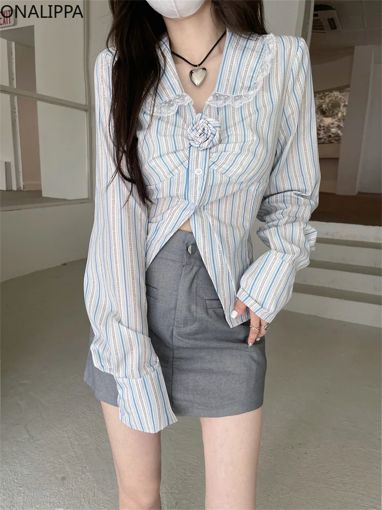 Женская полосатая блузка Onalippa кружевная Лоскутная рубашка с воротником Питер