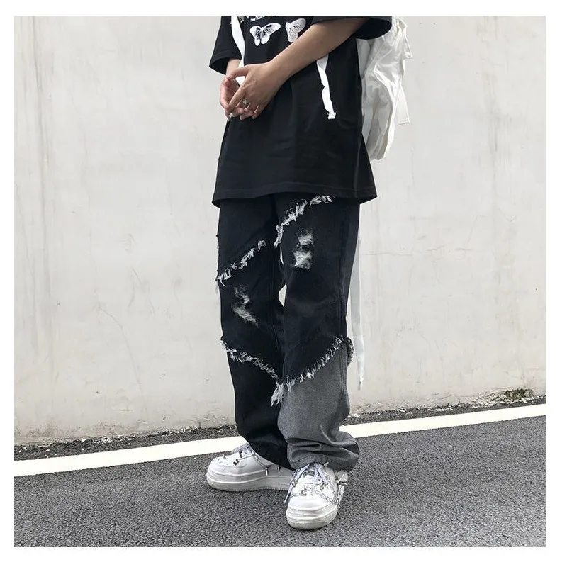 Splicing Men's Jeans Women's Pants Youth Flanging Trendyol 2022 Trends Clothes Casual Printed Man Trousers Streetwear Baggy
